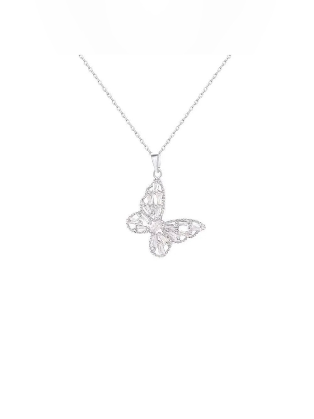 Silver Tone Slanted Butterfly Pendant Necklace